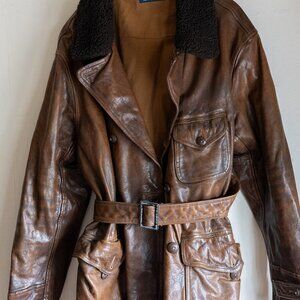 RARE Polo Ralph Lauren Vintage Leather Coat – Belted with Fluffy Collar XL